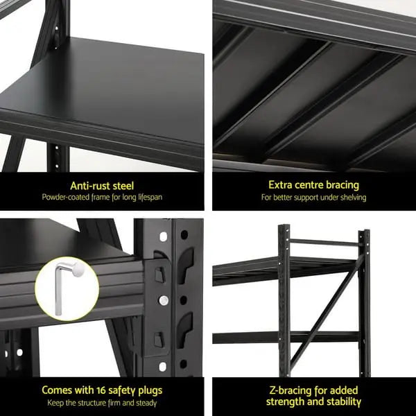 Z-bracing diagonal cross-members on Giantz warehouse rack preventing lateral racking under load