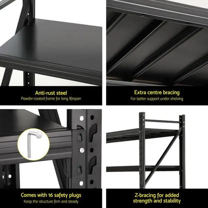 Z-bracing diagonal cross-members on Giantz warehouse rack preventing lateral racking under load