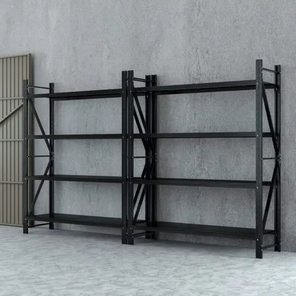 Two Giantz warehouse racks installed side by side showing 4m combined wall coverage in garage or workshop