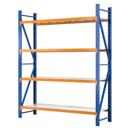 Extra tall 2.4 meter high garage shelving unit in blue and orange with 200kg per shelf capacity for high ceiling storage