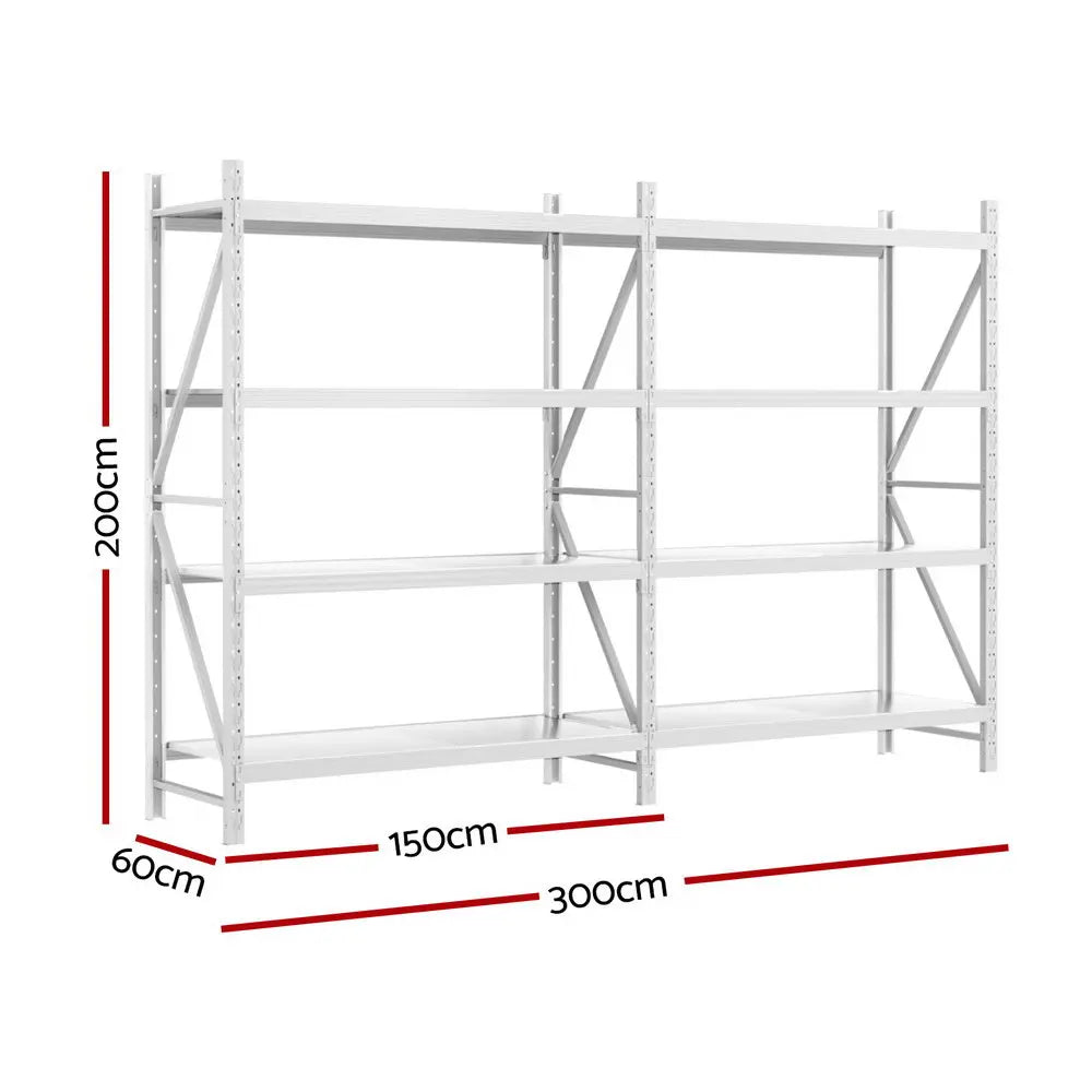 Giantz 4-Tier White Steel Garage Shelving 3x2m - 200kg Per Shelf, Z-Brace Heavy Duty Storage Rack