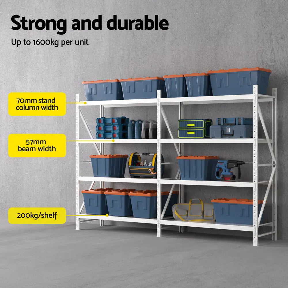 White heavy duty garage shelving 200kg per shelf holding tools storage bins and household items
