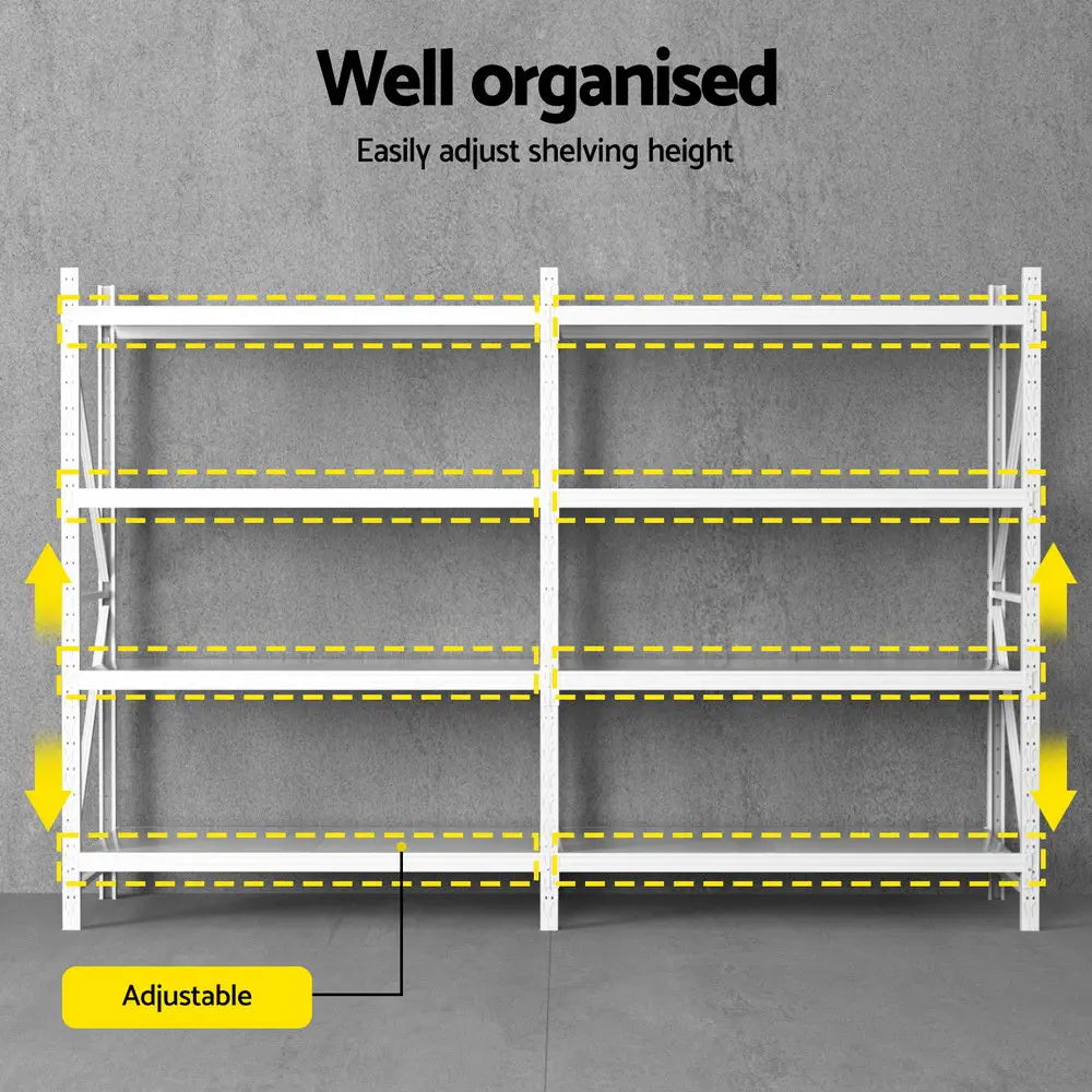 Adjustable shelf height settings on Giantz white steel garage shelving unit