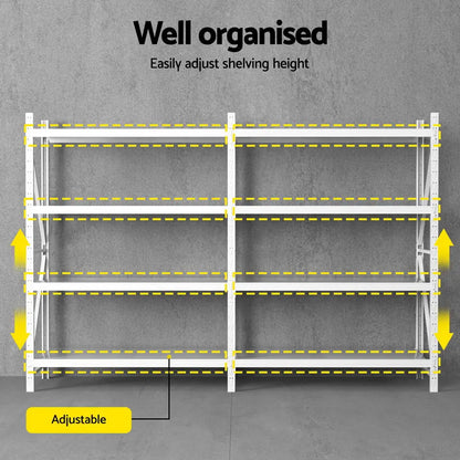 Adjustable shelf height settings on Giantz white steel garage shelving unit