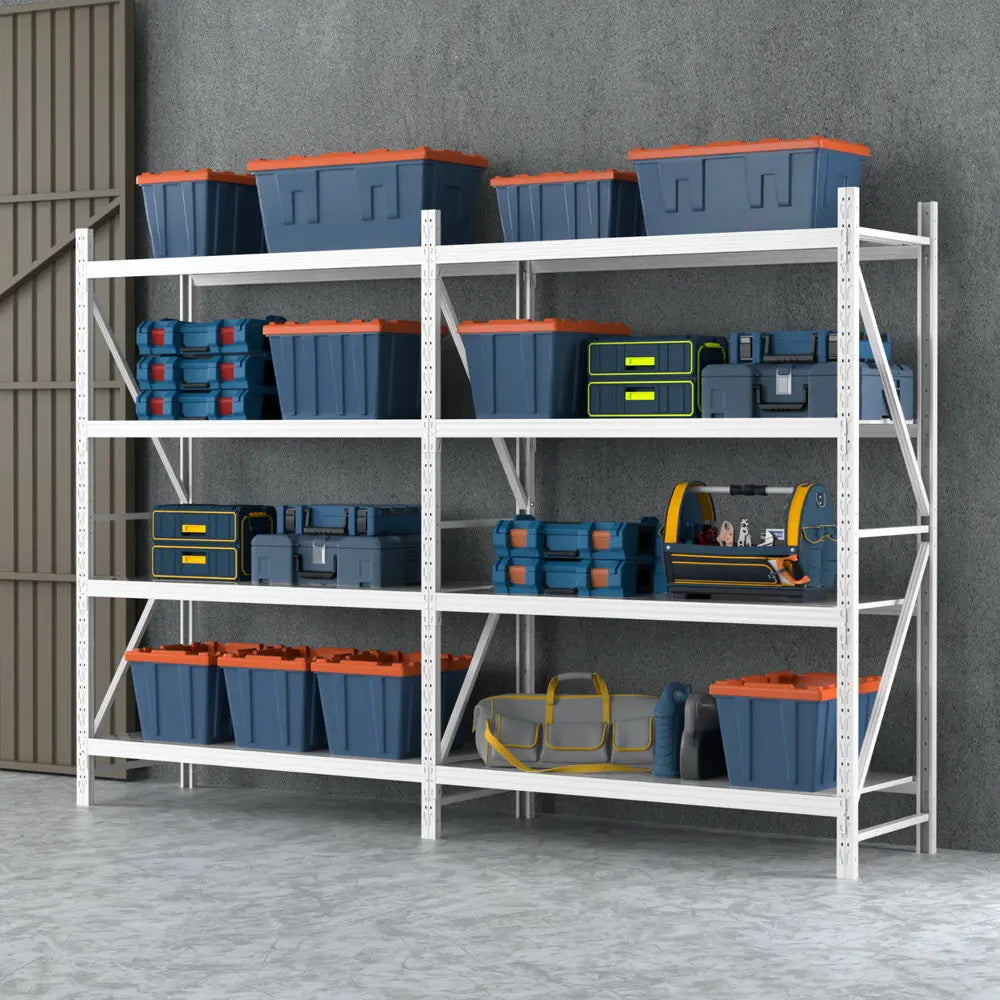 Giantz white steel shelving rack in clean organised garage or pantry storage Australia