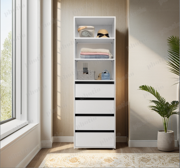 Malmo 3-Shelf, 4-Drawer Walk-In Wardrobe – Slim Shaker White (Made in Europe)