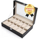Deluxe 12-Slot Black PU Leather Watch Organizer – Display Box for Men & Women | Elegant Glass Lid & Velvet Lining