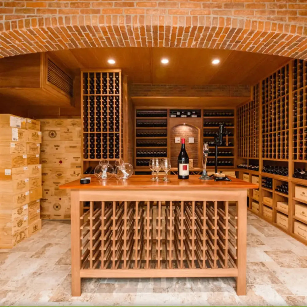 Timber wine rack showing 42 bottles red white wine organized sustainable pine wood modular cellar storage