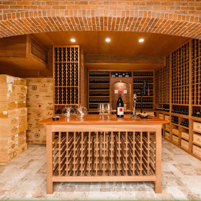 Timber wine rack showing 42 bottles red white wine organized sustainable pine wood modular cellar storage