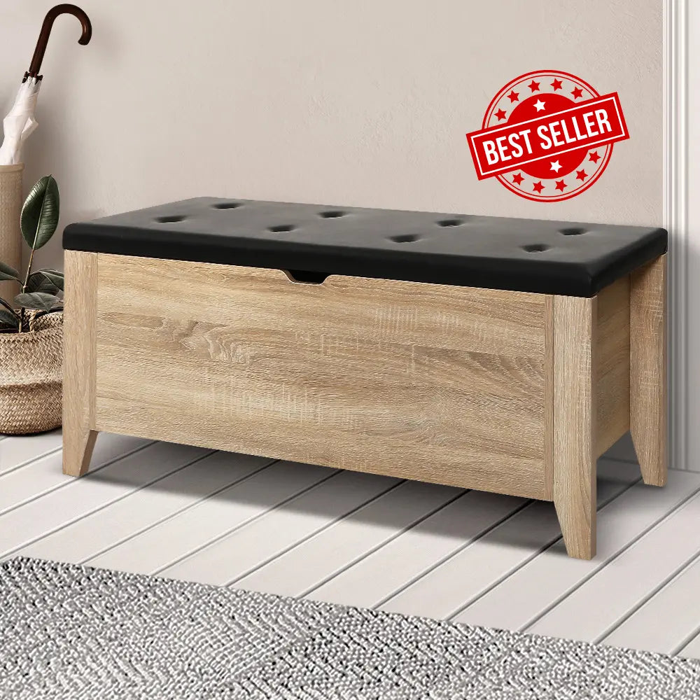 Best selling Oak leather storage ottoman 106cm with button tufted top and blanket storage