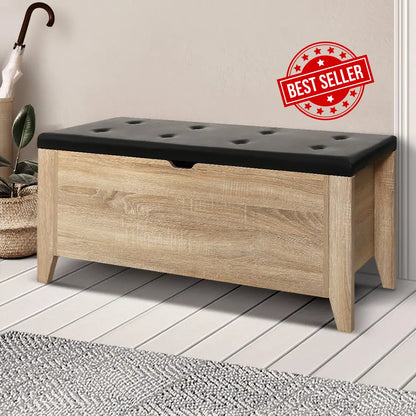 Best selling Oak leather storage ottoman 106cm with button tufted top and blanket storage