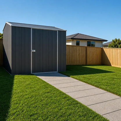 YardStore G66-S compact garden shed in suburban backyard showing 4.4m2 footprint not dominating space
