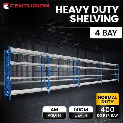 Centurion 4 Bay Heavy-Duty Steel Shelving - 4.0m Wide, 1600kg Total Capacity