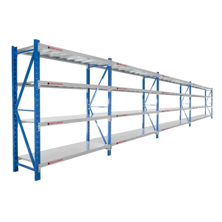 Centurion 4 bay heavy-duty steel shelving unit, full assembled view