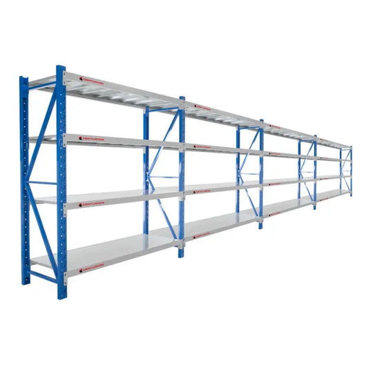 Centurion 4 bay heavy-duty steel shelving unit, full assembled view