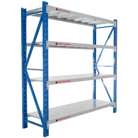 Centurion 2m long span shelving 1 bay 800kg powder coated steel gusseted joints workshop garage