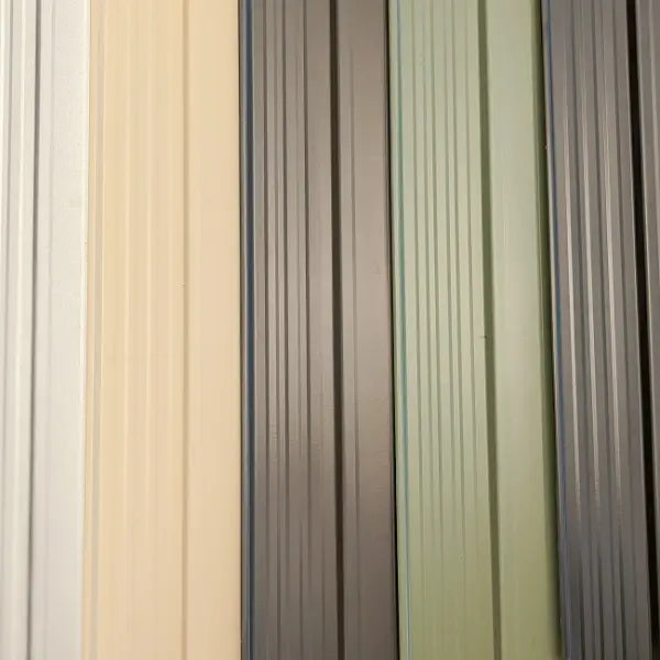 SpanBilt garden shed available colours: Zinc, Monolith, Slate Grey, Smooth Cream, and Rivergum Green