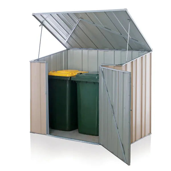 Two standard wheelie bins hidden inside storage shed with top lid access for easy rubbish disposal