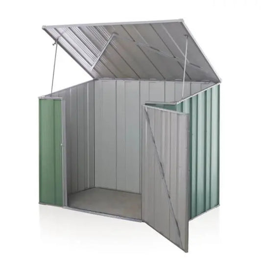 Unique dual access design showing front door entry and top lid opening on SpanBilt storage shed