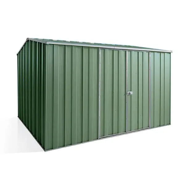 Premium SpanBilt YardStore G98 large shed 3.14m x 2.8m in Rivergum Green with gable roof and double hinged doors