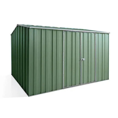 Premium SpanBilt YardStore G98 large shed 3.14m x 2.8m in Rivergum Green with gable roof and double hinged doors