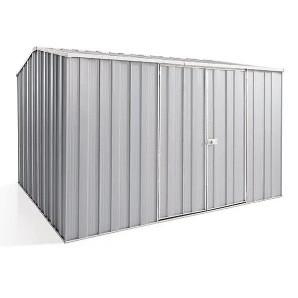 Premium SpanBilt YardStore G98 large shed 3.14m x 2.8m in Zinc with gable roof and double hinged doors
