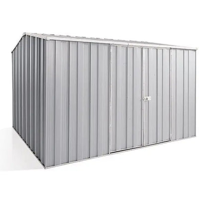 Premium SpanBilt YardStore G98 large shed 3.14m x 2.8m in Zinc with gable roof and double hinged doors
