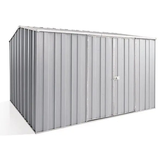 Premium SpanBilt YardStore G98 large shed 3.14m x 2.8m in Zinc with gable roof and double hinged doors