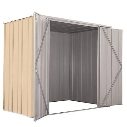 Extra-wide 132cm double hinged door opening on SpanBilt slimline shed showing unrestricted access